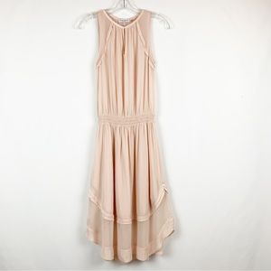 Ramy Brook New York Midi Dress Blouson Sleeveless Smocked Rose Cocktail